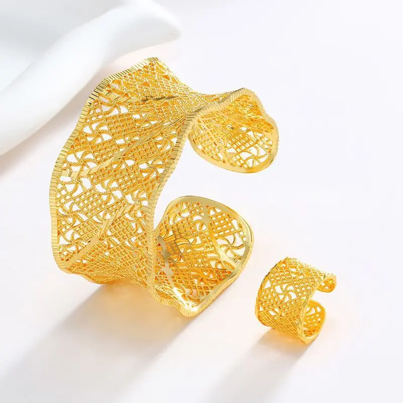 MxGxFam The Middle East Jewelry Width Flower Pattern Ring and Bangle (Adjust) Set For Women 24 k Pure Gold Plated Dubai Fashion