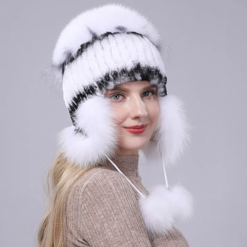 Fur Hat Winter Cap Woman Rex Rabbit Fur Women Hat Winter Plush Hat Cold-Proof Hat Fashion Fox Fur Hat Fluffy Furry Bomber Hat