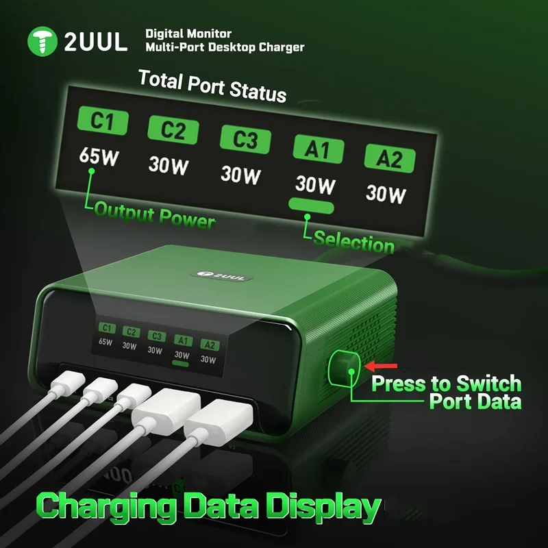 2UUL PC12 100W Multi-Port Desktop Charger Digital Monitor 5-Port USB-C PD Fast Charging Station for Phone Laptop Repair