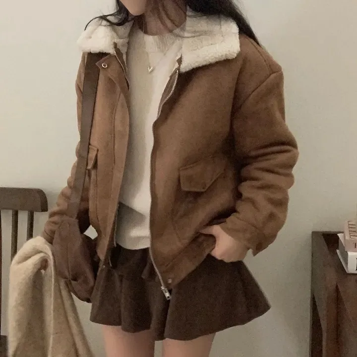 

Шикарное ретро байкерское женское пальто Jaet с воротником из искусственного меха на молнии Thi Lamb Fur ort Sve Длинное хлопковое пальто на молнии для молодых женщин