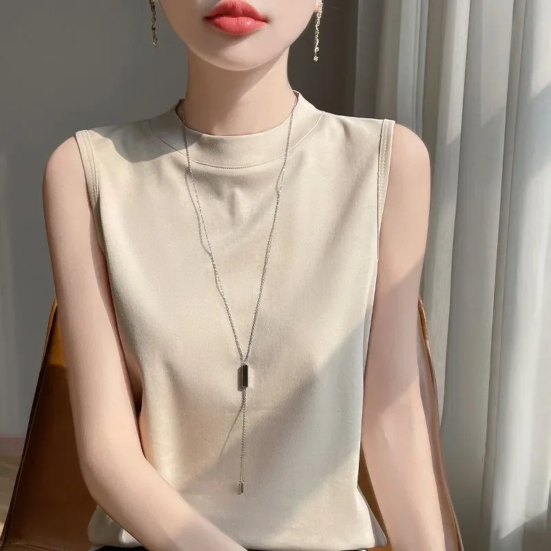 

Women's Mock Neck Sleeveless Tank Top Mercerized Cotton Slim Fit Casual Summer Top