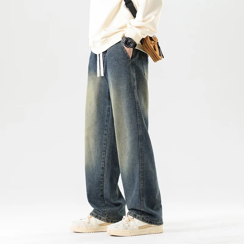 Men's 2024 Spring and Autumn New Fashion Splicing Pocket Drawstring Draping Loose Retro Straight Leg Casual Wide Leg Jeans
