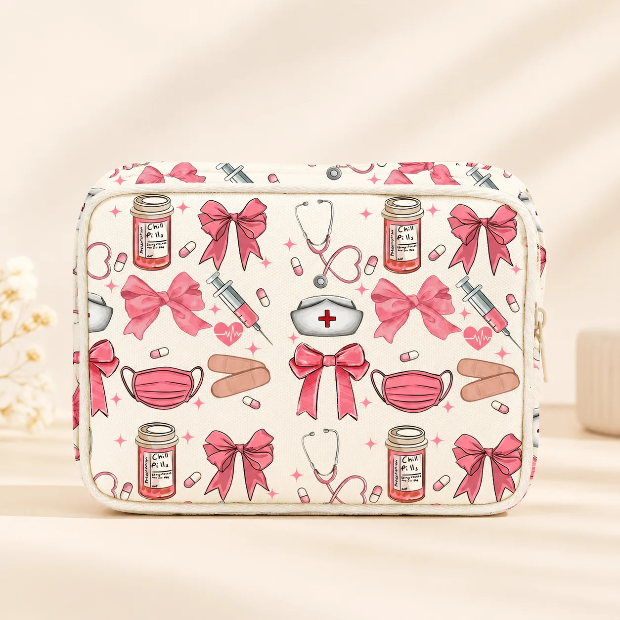 Cute Pink Bow Medicine Bag, Large Capacity First Aid Organizer Case for Women Nurses, Travel, Home, School & Emergency