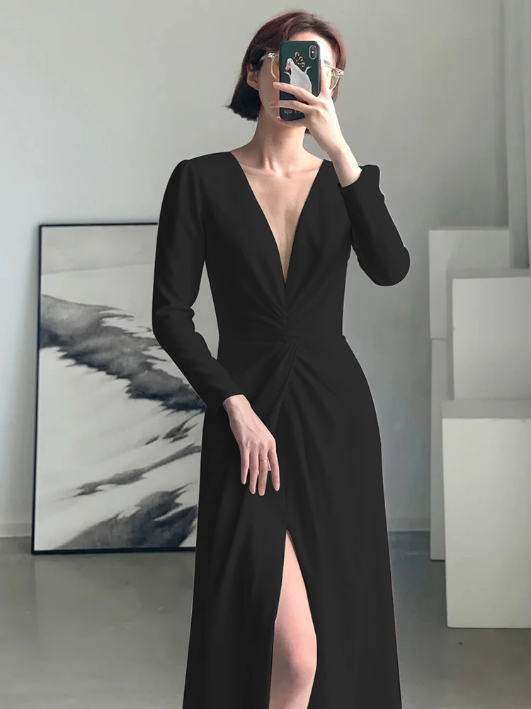 

Ele Bla Long Sve Evening Gown for Women Faionable Mid-Waist Slim Fit Dr Suitable for Various Ocns
