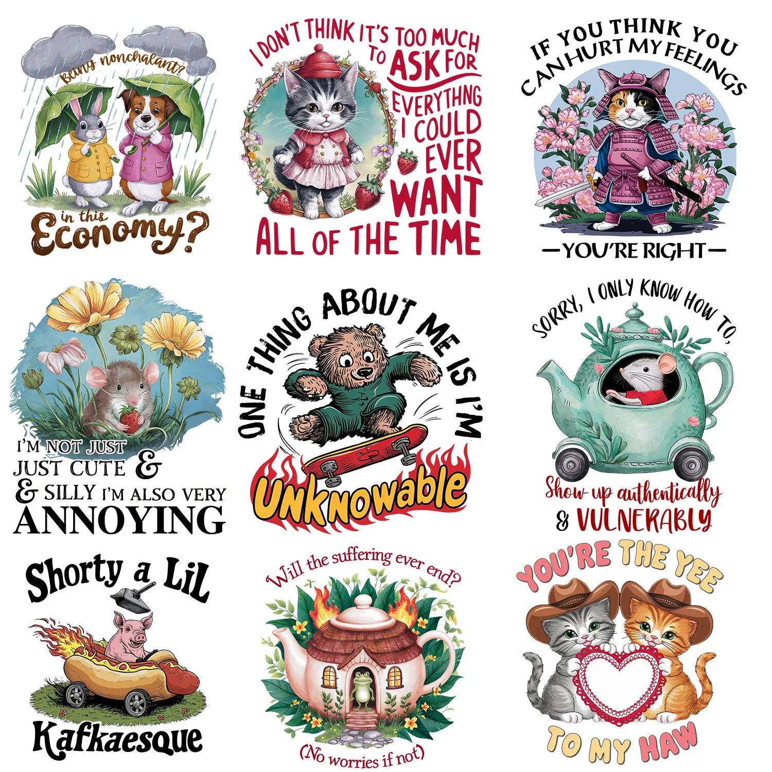 Cute Animal Cartoon Stickers Frog Cat Bear Pig Personification Vivid Image Watercolor Various colors Iron on Picture on Clothes