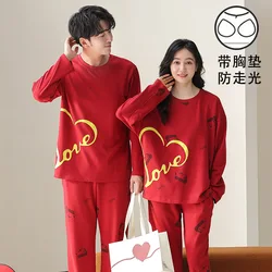 Couple Red Color Pyjamas Cotton Home Clothes Women Long Nightwear Men Pajama Set Long Sleeve Nightgown Wedding Sleepwear