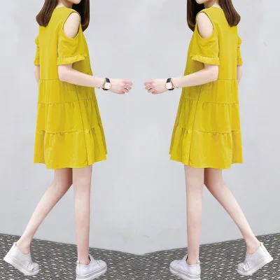 

2026 Summer New Women's Dress Korean Loose Slim Fit Midi Off Shoulder A-Line Plus Size Tummy Cover Dress