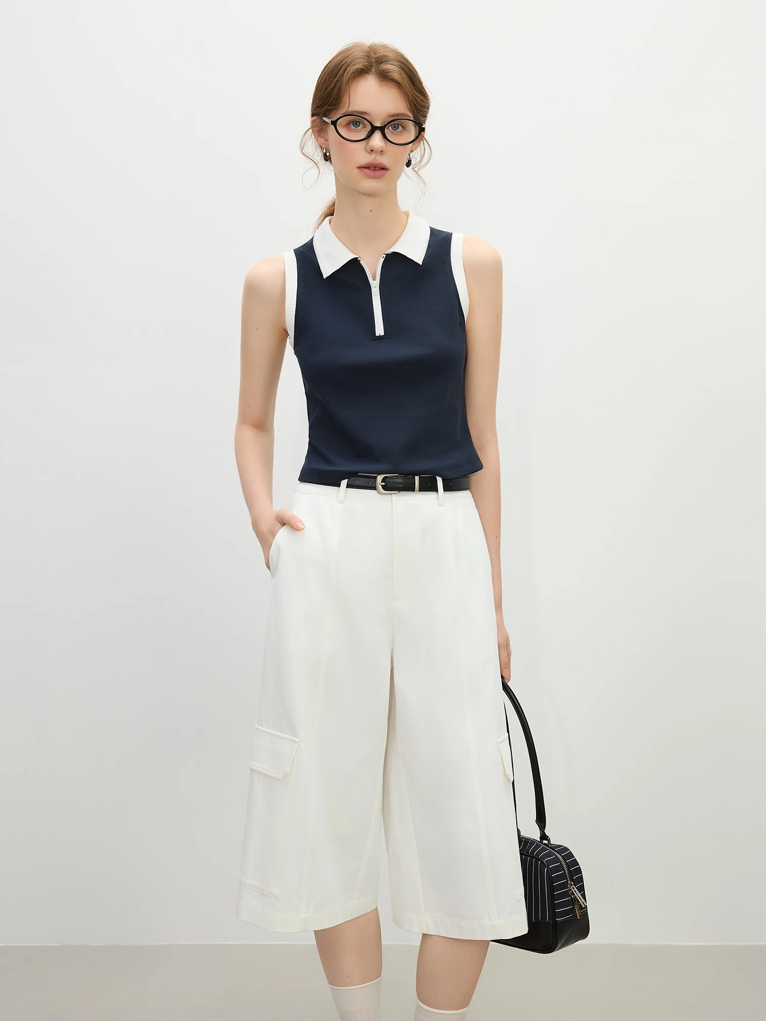 FSLE Minimalism Old Money Style POLO Collar Casual Vest for Women 2025 Summer New Arrival Slim Fit T-shirt Tank Top 25FS12210