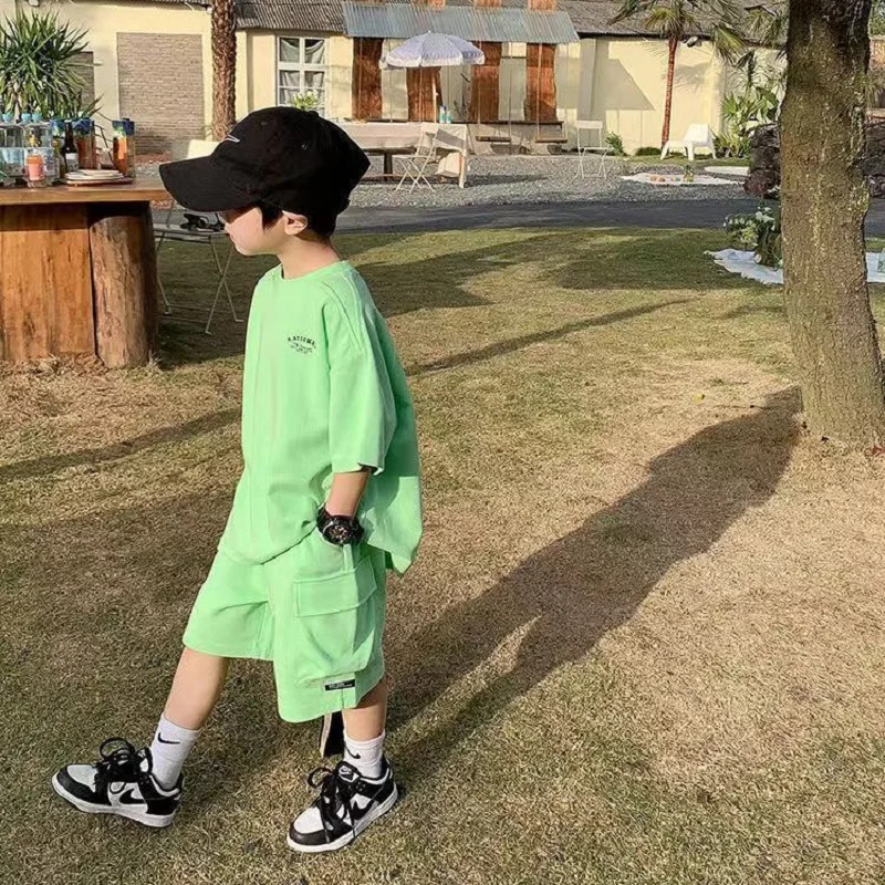 ZOETOPKID Casual Boys Cotton Loose Alphabet T-shirt Tops+Short Pants Set School Kids Tracksuit Children 2-Piece Outfit Suit