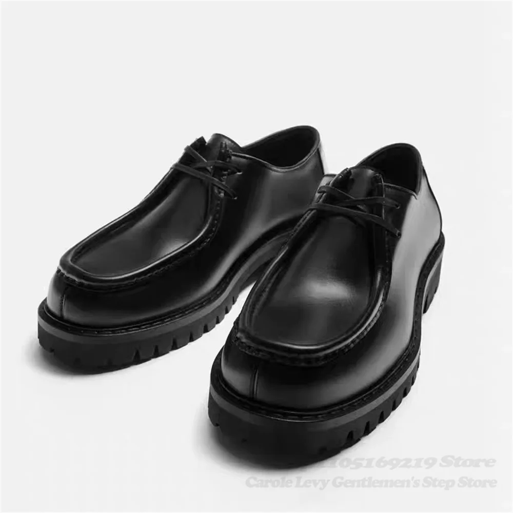 Black Riveted Structure Design Round Toe Casual Leather Shoes Men Thick Sole Lace Up Designer Brand 2025 New Classic Shoes