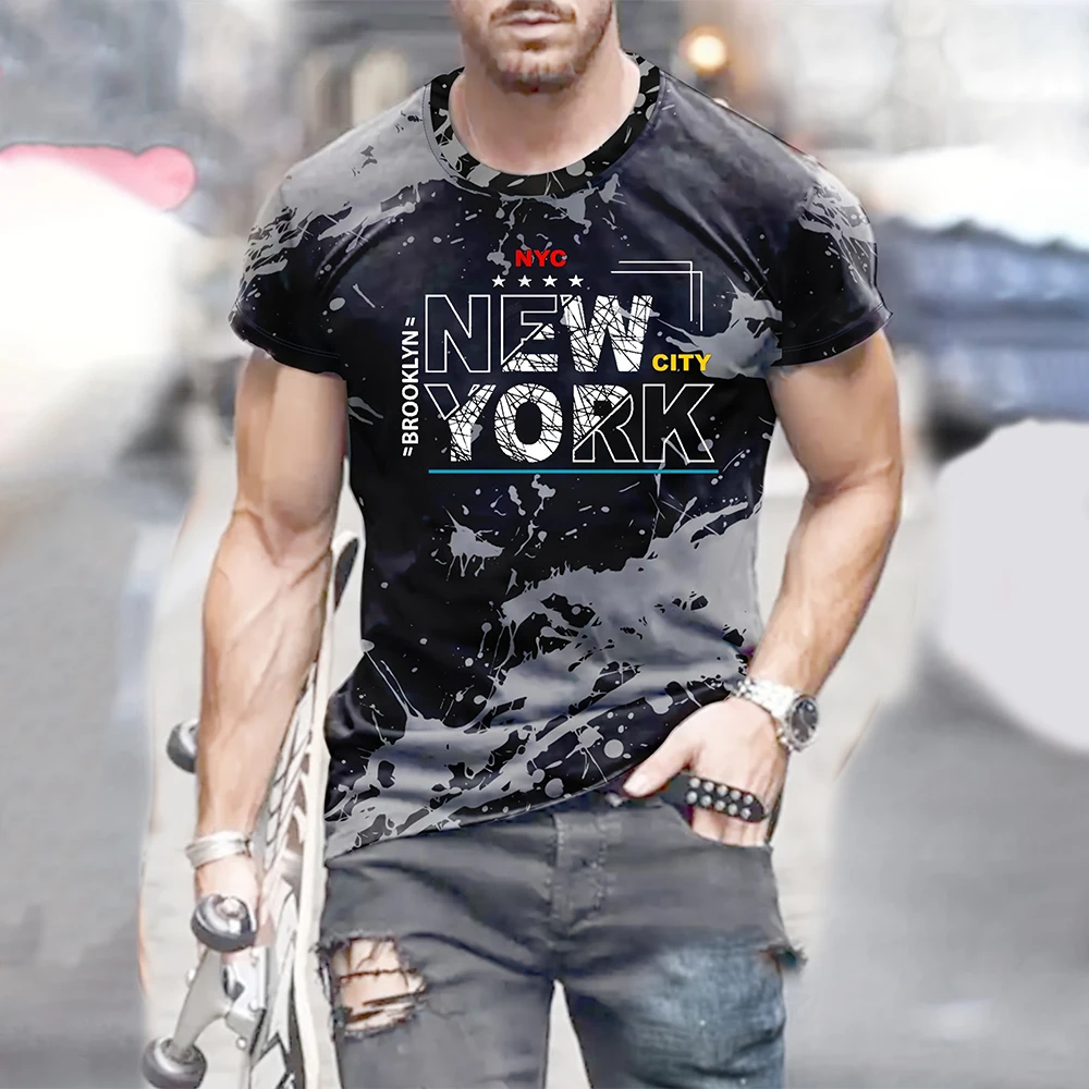 

Men's T-shirt NEW YORK Alphabet Print Gradient Casual Comfy Short Sleeved Tees For Summer Oversized Men's Clothing Tops Outdoor