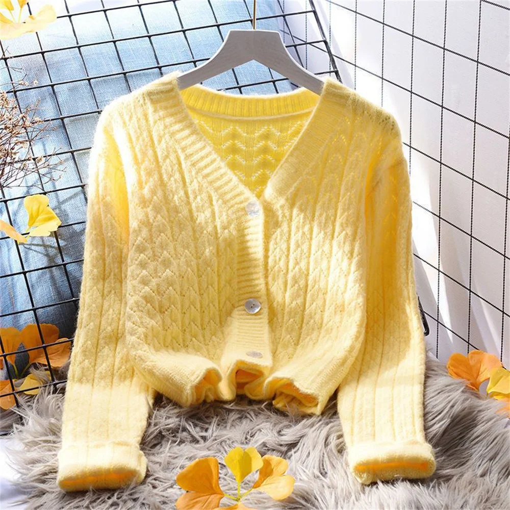 Fashion Yellow Cropped Sweater Coat Women's Loose Outer Wear 2023 Korean New Autumn All-Matching Western Style Knitted Cardigan