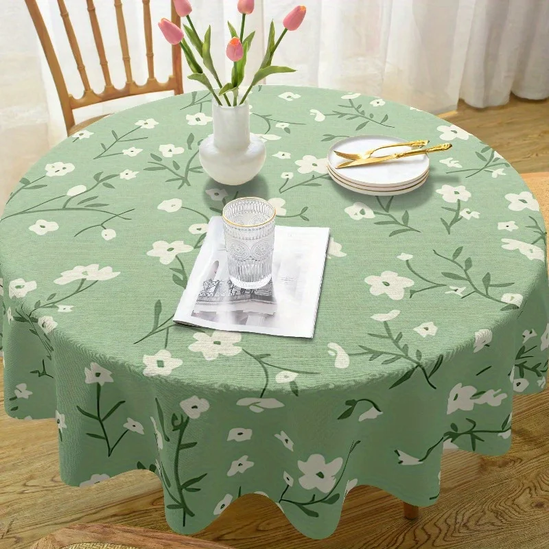 One vintage green floral tablecloth - washable polyester, circular design