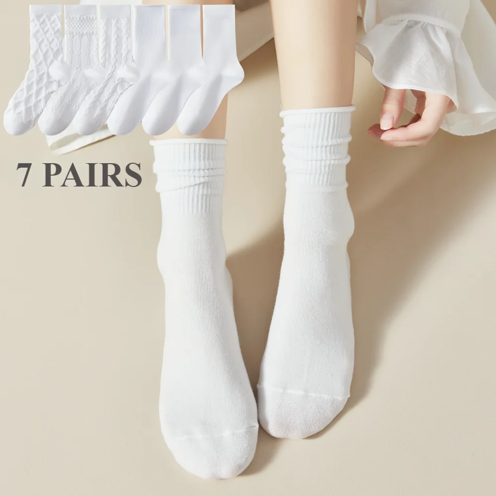 

7 Pairs Ruffles White Women Socks Floral Middle Tube Crew Socks Girls Japanese Style School Socks Dancing Autumn Spring