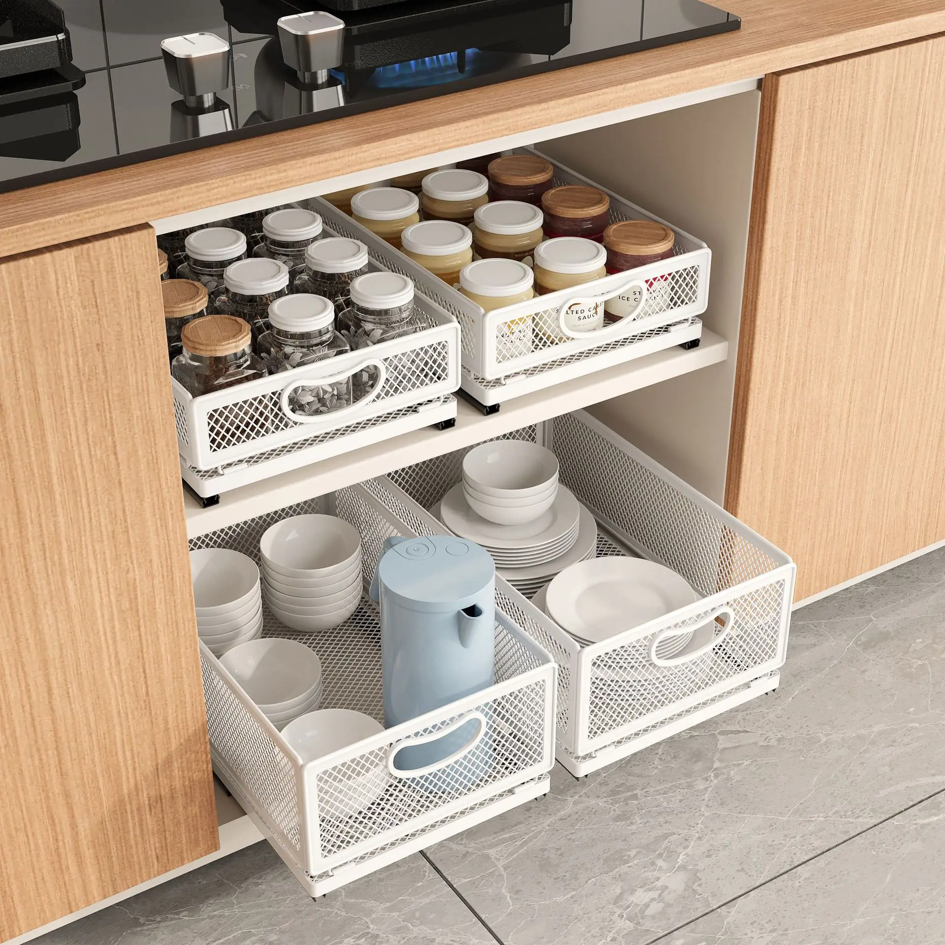 Storage Organization Drawer Kitchen Storage Rack Cabinet Multifunctional Foldable Household Sliding Basket Kitchen Organization