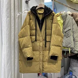 Jaqueta puffer longa para mulheres, casual com capuz solto, parkas grossas e quentes, casacos de pato falso de duas peças, novo inverno