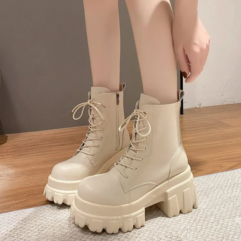 Autumn Women High Platform Ankle Boots Winter Thick Sole Motorcycle Boots 9.5CM Heels Chunky Metal Short Leather Sneakers Woman