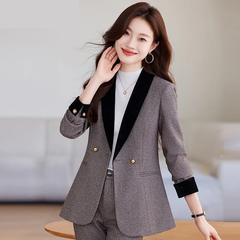 Traje elegante de oficina para mujer, Blazer de bloque de Color, Tops y pantalones, ropa de trabajo de negocios, conjunto de chaqueta y pantalones, 2024