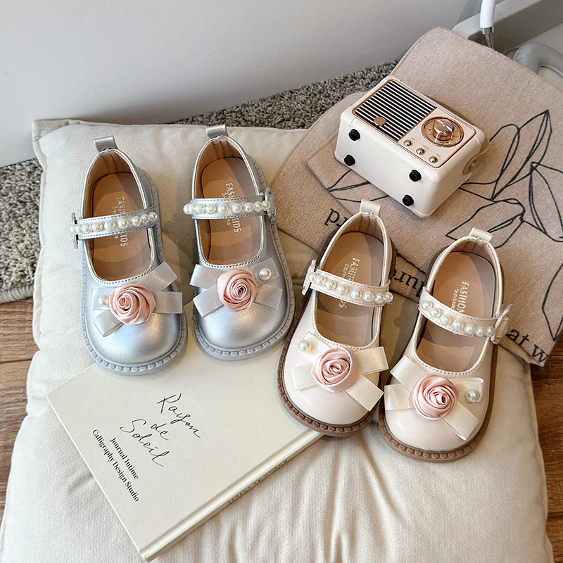 

New Girls Leather Shoes Rose & Pearl Ornament Princess Single Shoes Fashion Performance Dress Shoes For Little Girls
