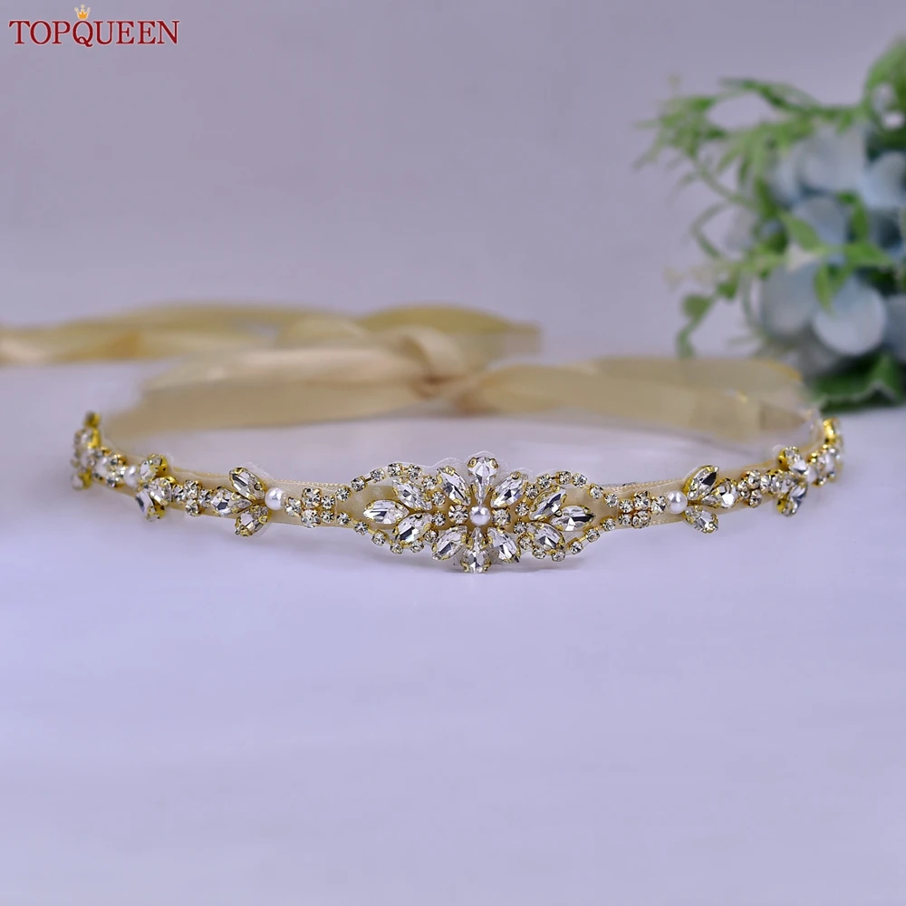 TOPQUEEN Golden Stone Bridal Thin Belt Evening Gown Tie Belt Wedding Belt Handmade Diamond Applique Bridesmaid Belt S09-G