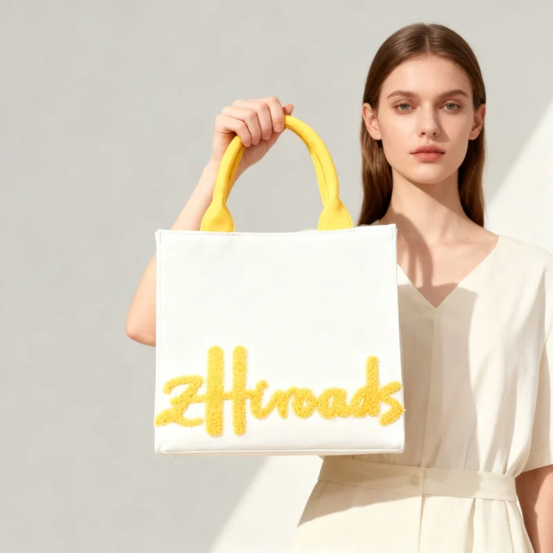 

Embroidered Tote Bag Women's White Canvas Handbag with Yellow Contrast Handle 2025 New Trendy Designer Bag