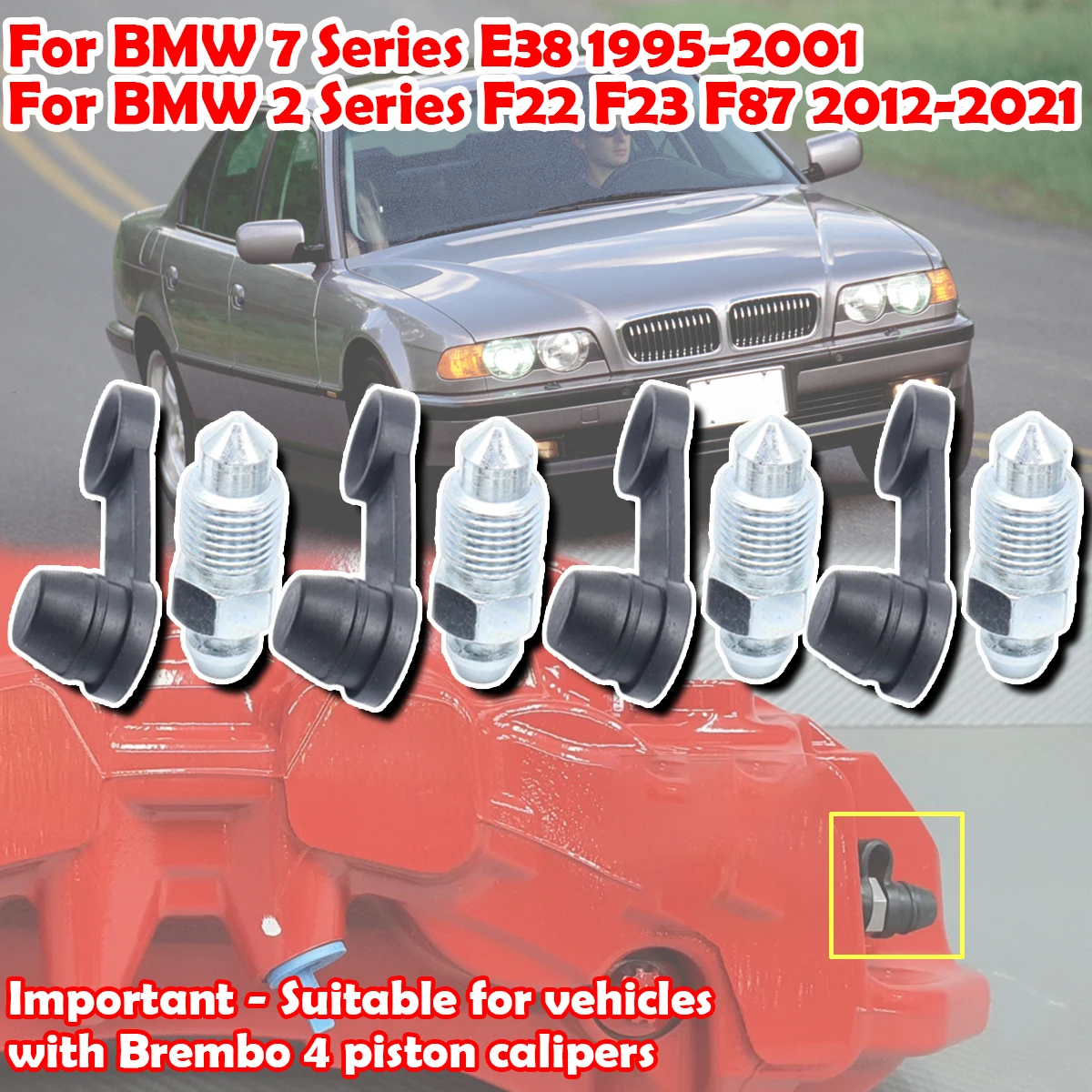 

Car Front Bleeder Valves and Rubber Dust Cap Left Right Caliper Bleed Nipple Screw Repair Kit For BMW E38 F22 F23 F87 2001 2012