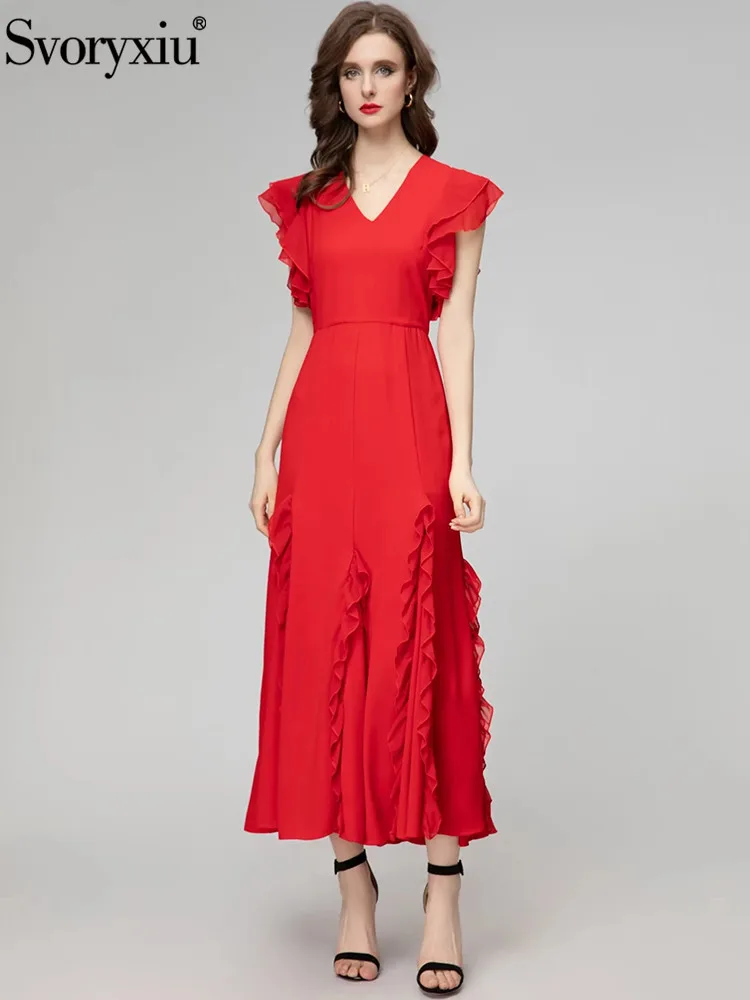 

Svoryxiu Fashion Designer Summer Party Red Elegant Long Dress Women's V-Neck Flounces Sleeve High Waist Flounces Big Swing Dress