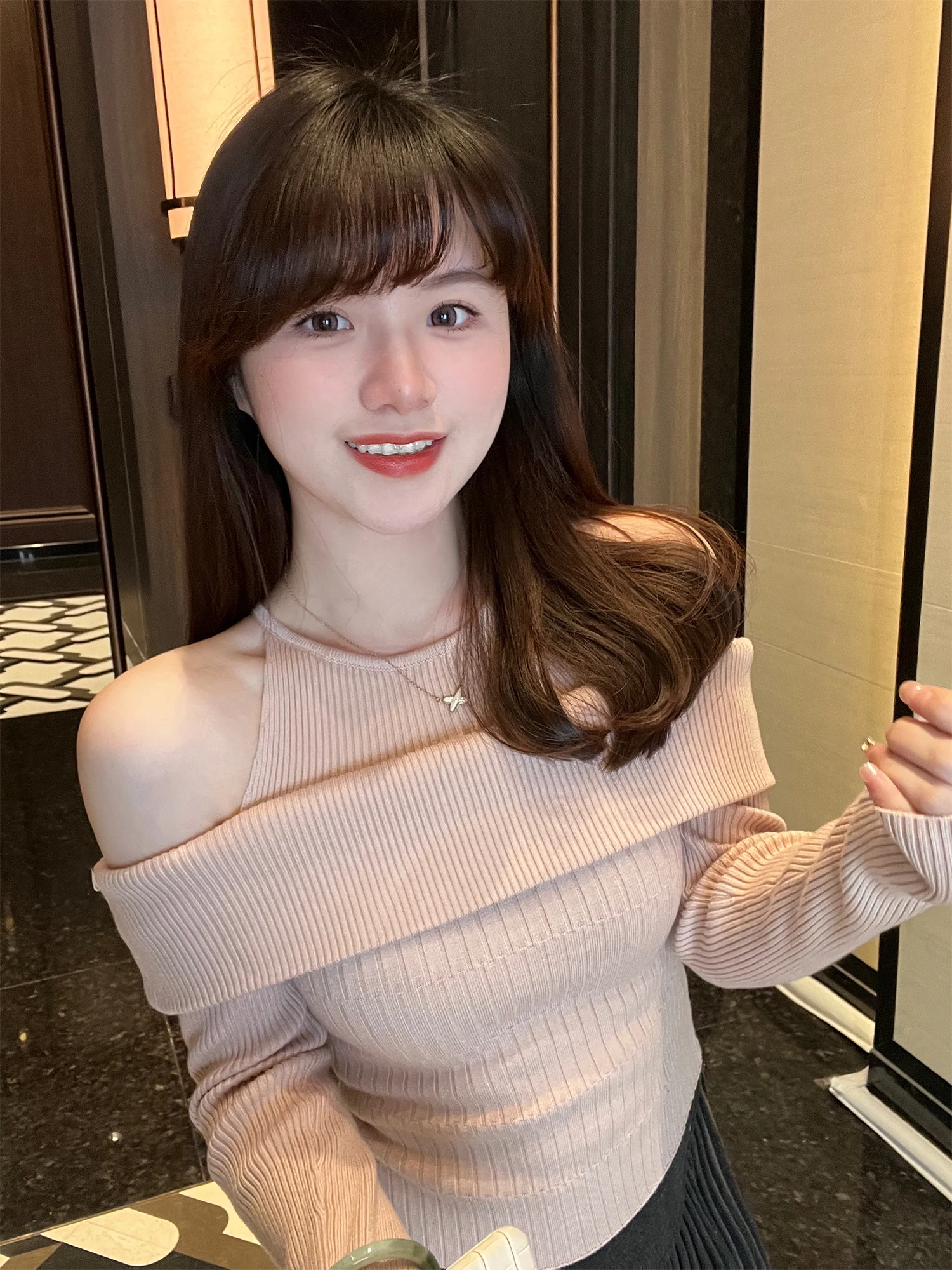 

Pink One-oulder Long Sve Base irt Women's Pure Desire Sle Knitted Sweater Autumn Winter Inner Wear Slim Fit Knitwear