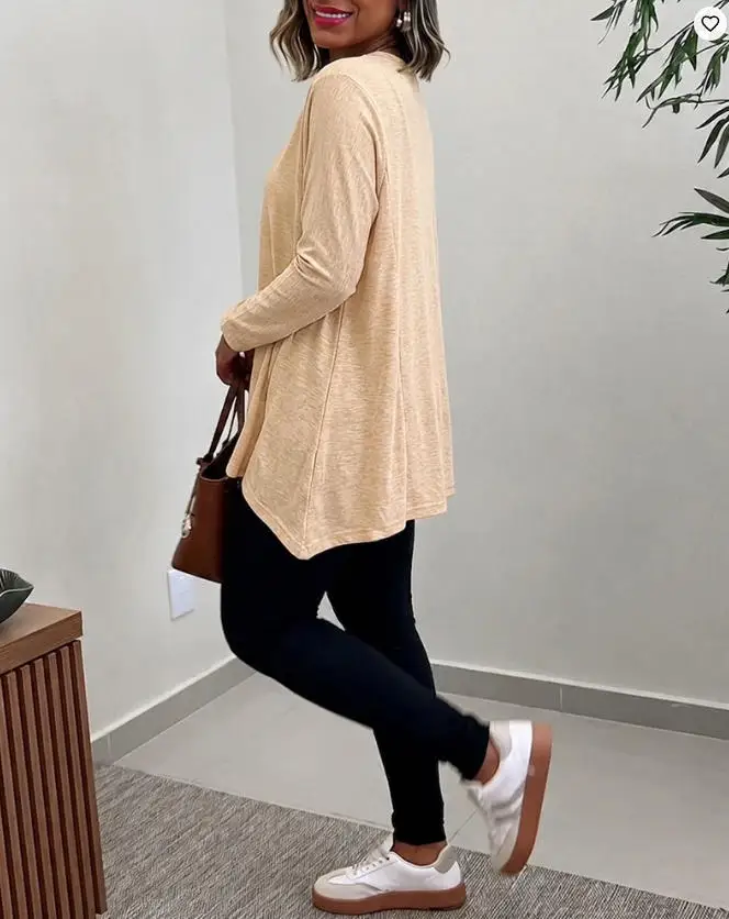 Women's Asymmetric Hem Long Sleeve Top 2026 Spring New Loose Fit Dropped Shoulder Crewneck Soft Slouchy Casual Daily Tee