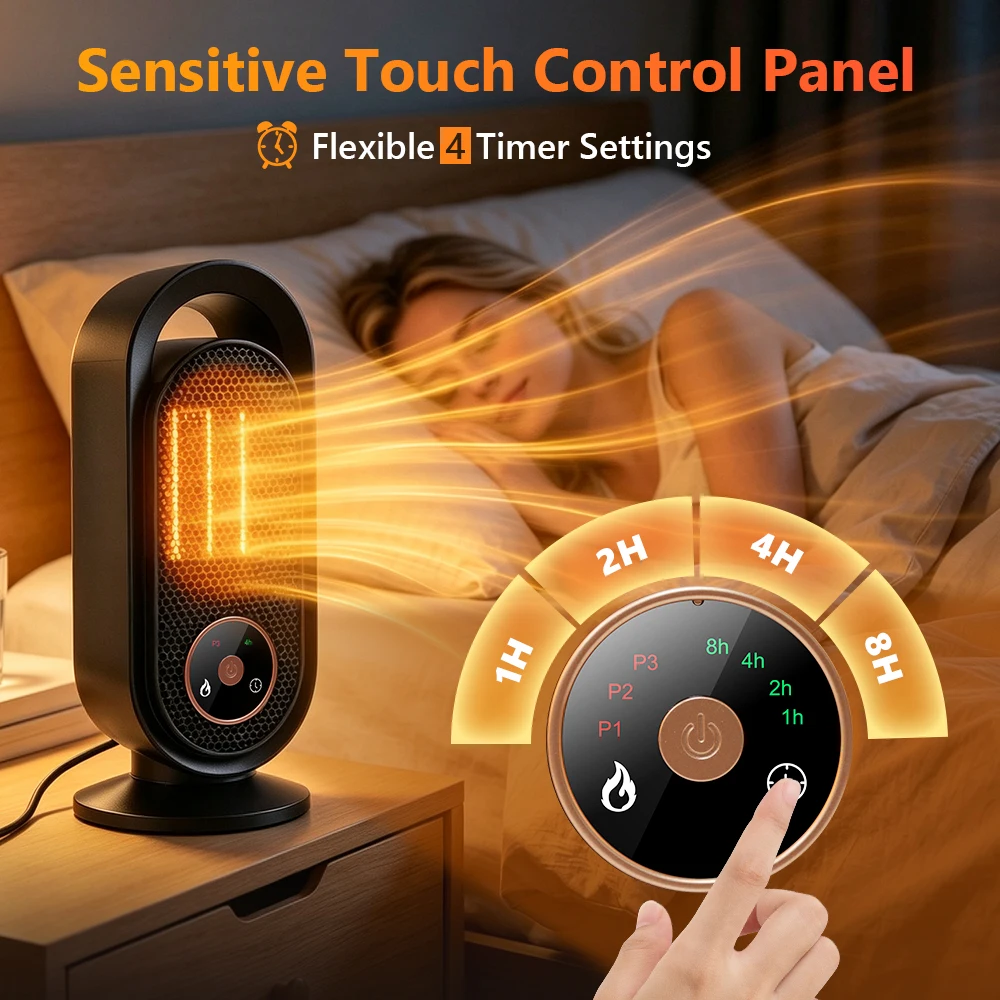 Portable Space Heater PTC Ceramic 3 Heat Settings 4 Timer Touch Screen Tip Over Auto Shut Off Fast Heating Quiet For Home Office