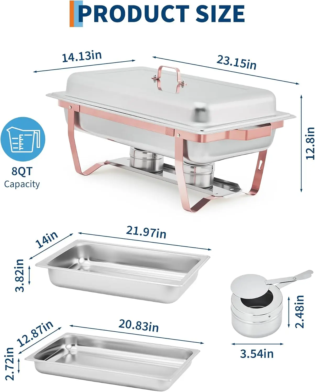 Set of 2 Chafing Dishes for Buffet, 8 Qt Rectangular Stainless Steel Buffet Servers & Warmers with Foldable Frame, Food Warmers for Parties, Weddings, Catering & Gatherings, Rose Gold