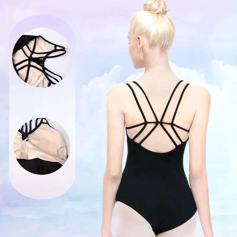 여성 발레 레오타드 더블 스트랩 체조 레오타드 블랙 댄스 바디 슈트 코튼 스판덱스 발레리나 댄스웨어 캐미솔