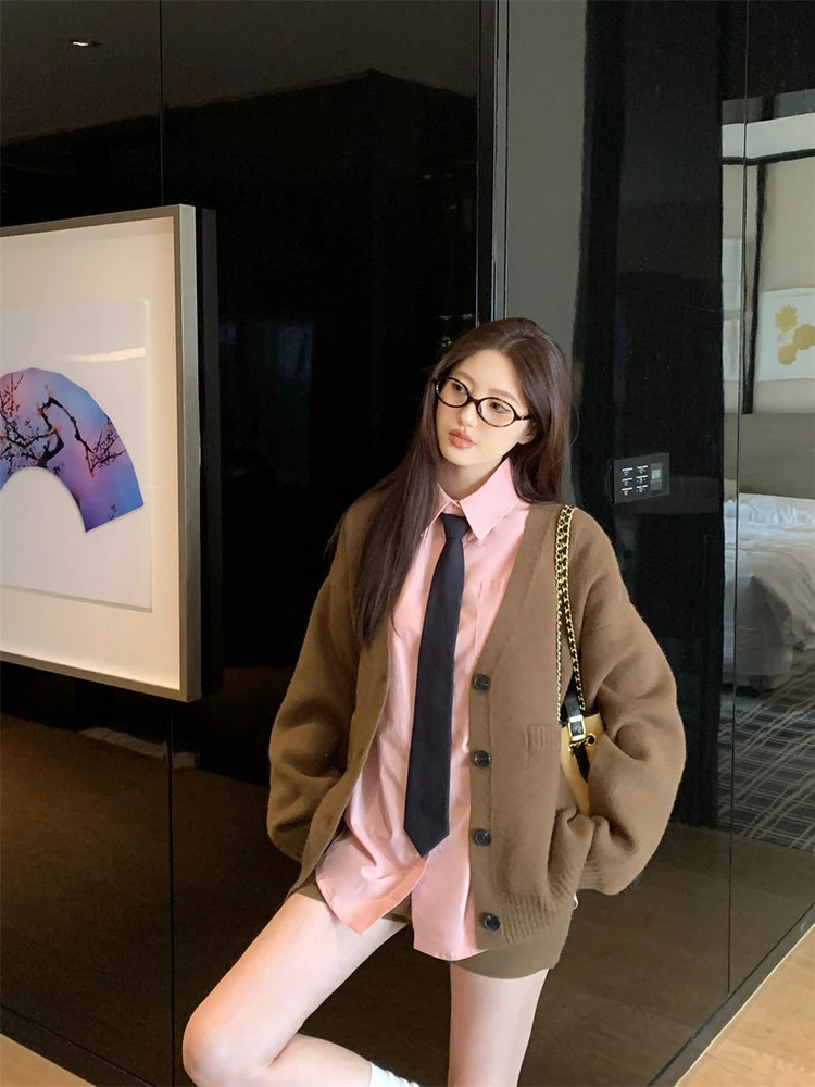 

Retro V-Neck Knitwear Jacket Women's Loose Single Button Coffee Color Spring New Style Anti-Aging Fashion Top Women's Clothing