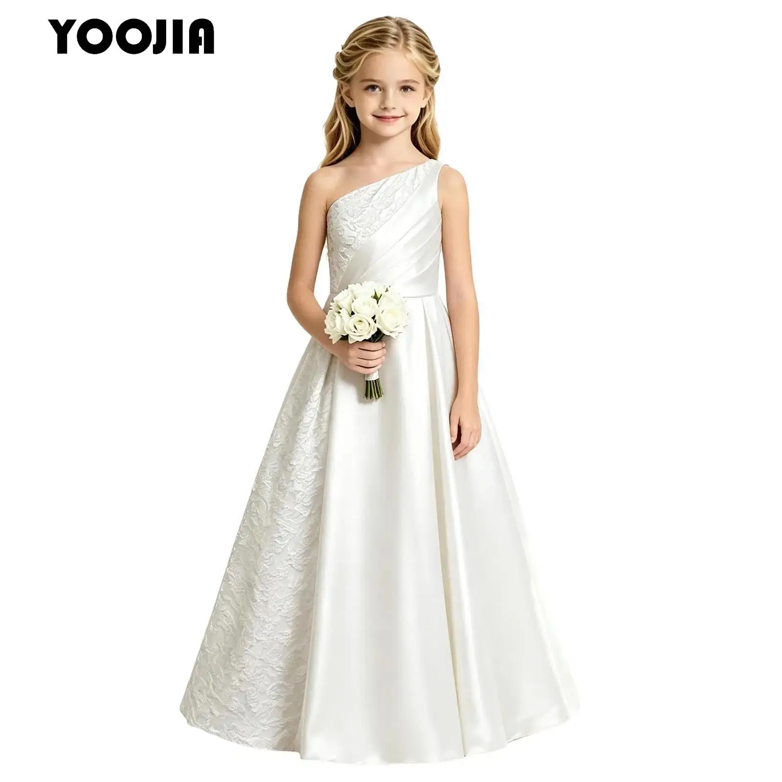 Kids Birthday Ceremony Wedding Gowns Jacquard Flower Girl Bridesmaid Dress Child One Shoulder Sleeveless Pleated Bodice Dress