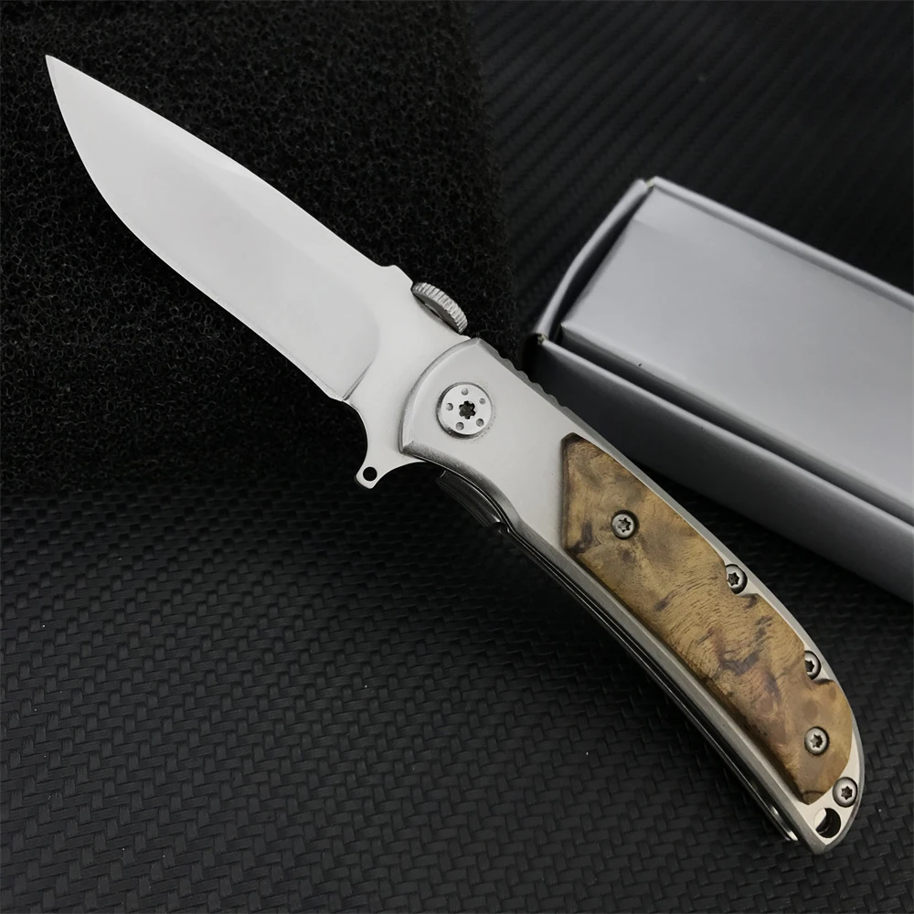 Ball Bearing Flipper Folding Knife 440C Blade 420 Steel Inlaid with Shadow Wood Handle Outdoor Pocket EDC Knives Survival Tool