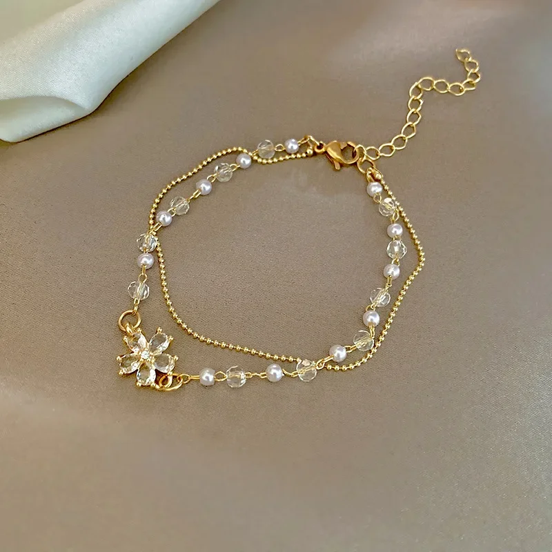 Advanced Design Minimalist Flower Bracelet Fashionable Personalized Double Layer Pearl bangle Essential Accessory for Women
