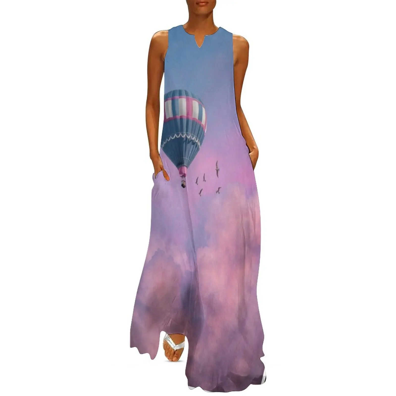 Blue and Pink Hot Air Balloon on Pastel Clouds Long Dress Evening gown wedding dresses for parties