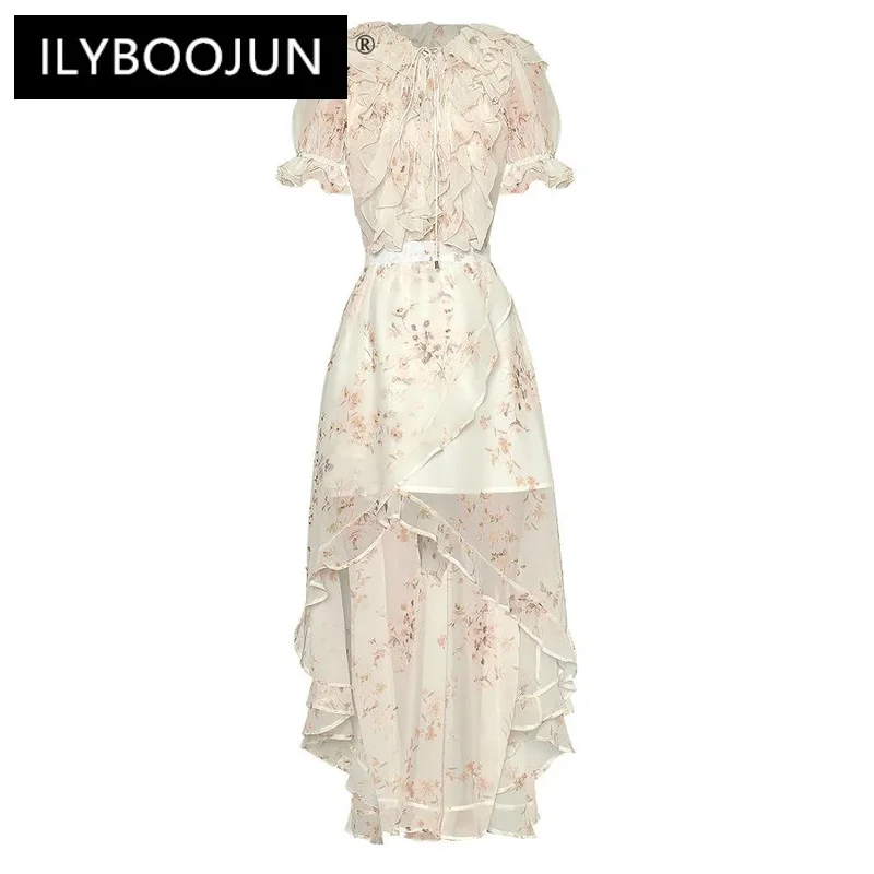 

ILYBOOJUN Fashion Designer Summer Women's Dress Elegant Bohemian Floral Print Lace Up Cascading Ruffle Lrregular Chiffon Dresses