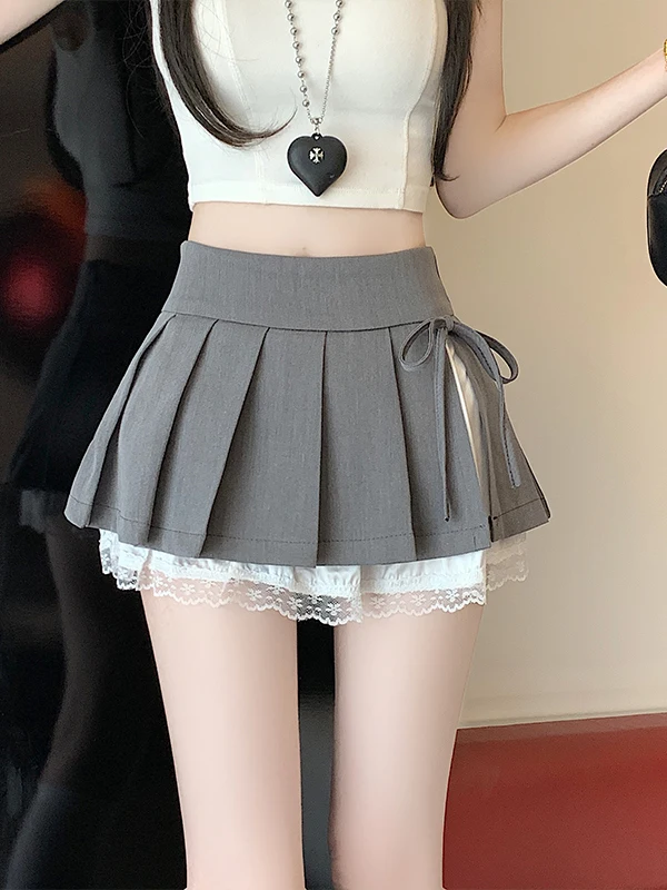 Spódnica w kształcie litery A z wysokim stanem, koronkowymi wstawkami i wiązaniem dla kobiet, nowość na lato 2025, styl koreański, elegancka, do pracy.