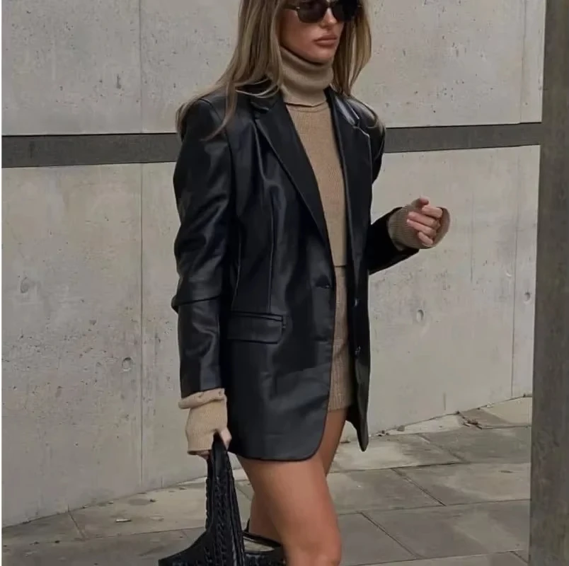 Whisper Lumi Notched Black PU Blazers Faux Leather Loose Jackets Elegant Single Button Suits Female Ladies Outwear Mid Length