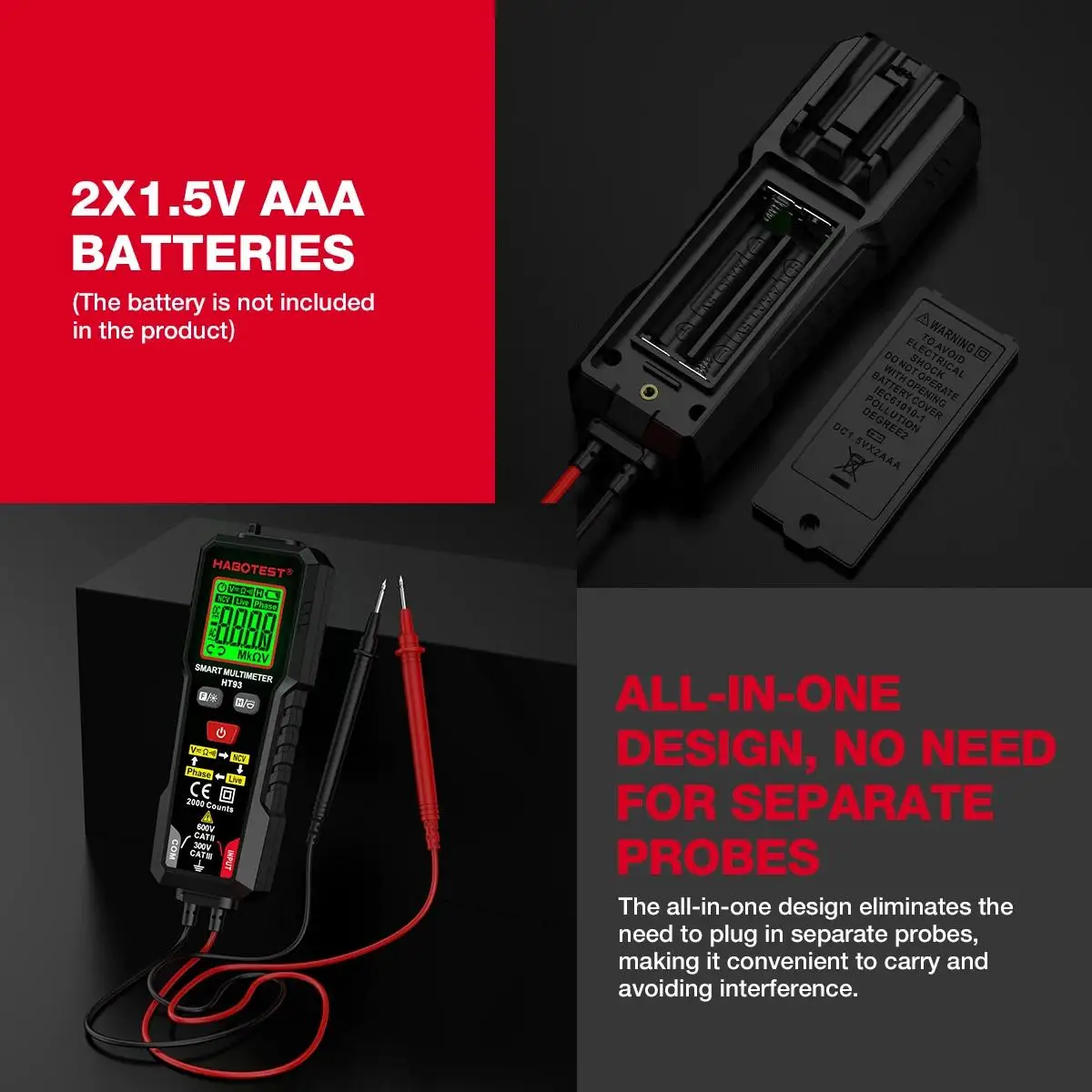 HABOTEST HT93 Digitales Multimeter Spannungsprüfer 2000 Messungen AC/DC Voltmeter True RMS NCV Phasentest Auto-Range Multimeter – Detail 13