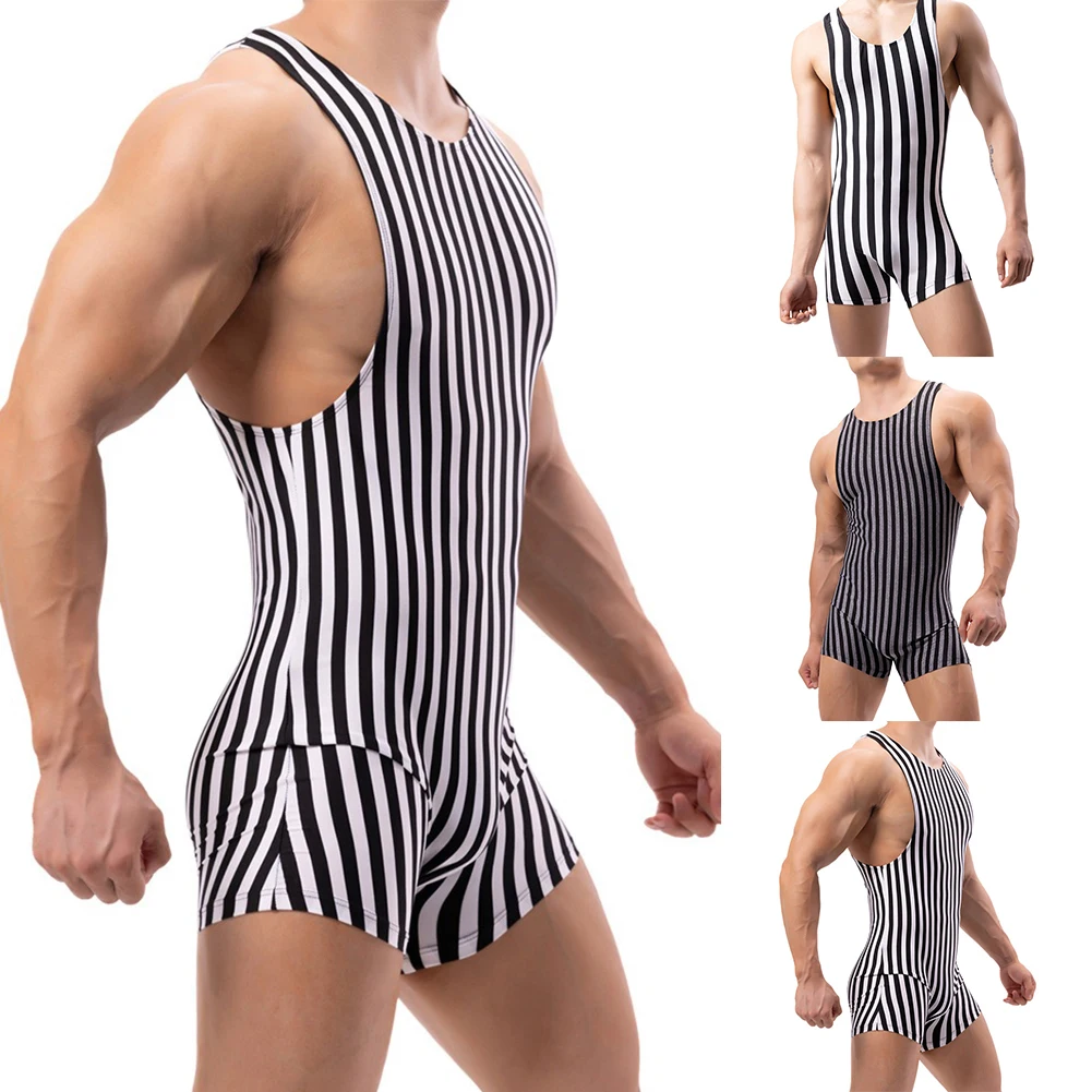 Bodysuit listrado dos homens boxers roupa interior sem mangas fitness singlet deslizamento macacões sexy masculino undershirt respirável bateria terno