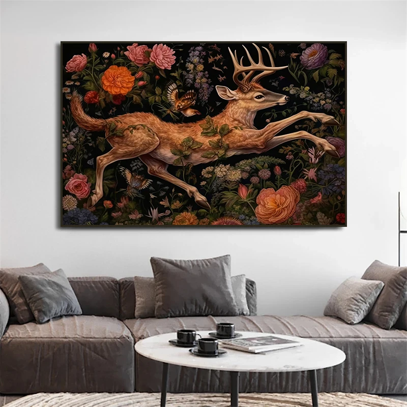 Black Rabbit Deer Fruit Bats Fox Owl Raven Cat Poster Dark Botanical Gothic  Floral Canvas Painting Goth Wall Art  Room Decor