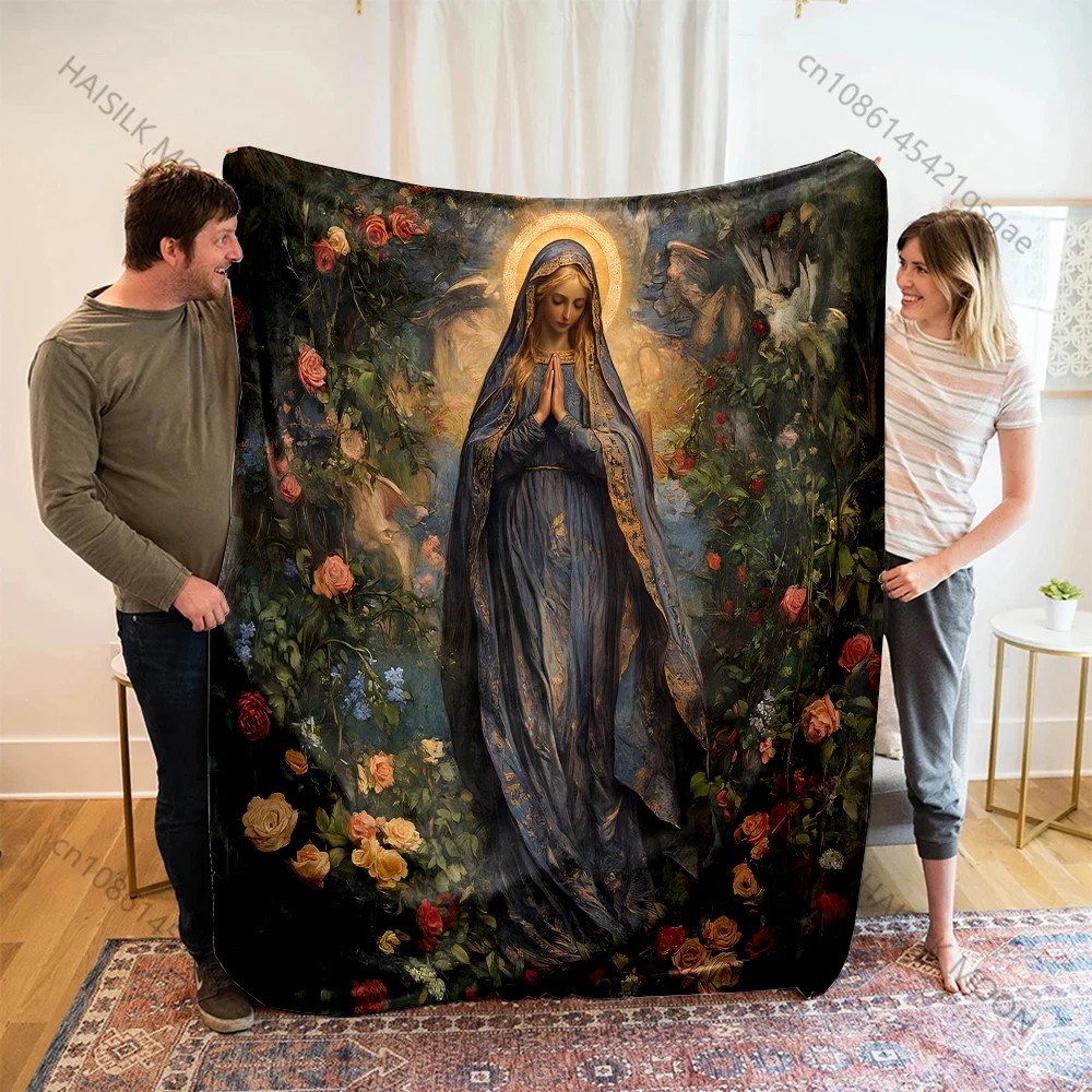 1PC Virgin praying surrounded by roses Print Blanket Warm Soft Fluffy Kids and Adult Sofa Bed Throw Blanket Travel Camping RV