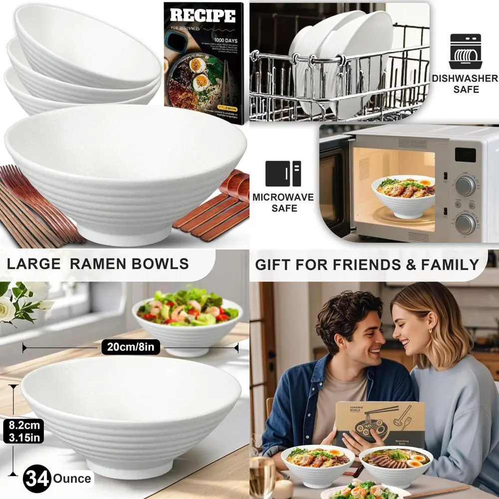 

Набор из 4–8-дюймовых керамических мисок для рамэна, фарфоровых японских салатов, лапши, хлопьев, макаронных супов, в комплект входит руководство по рецептам