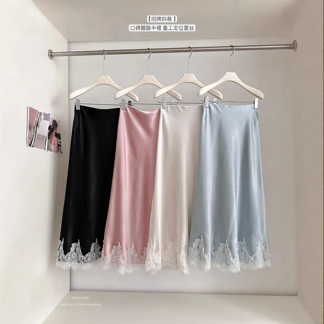 Damen-Maxirock aus Strick mit hoher Taille und Spitzensaum, schmale Passform, eleganter langer Rock für den täglichen Gebrauch