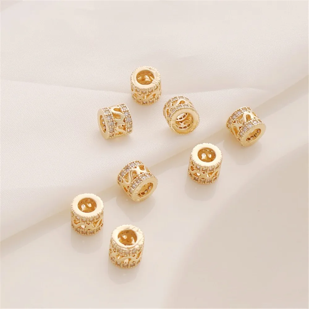 14K Gold Inlaid Zircon Hollow Large Hole Bucket Bead, DIY Jewelry, Bracelet Necklace with Separated Beads, Handmade String, 7mm