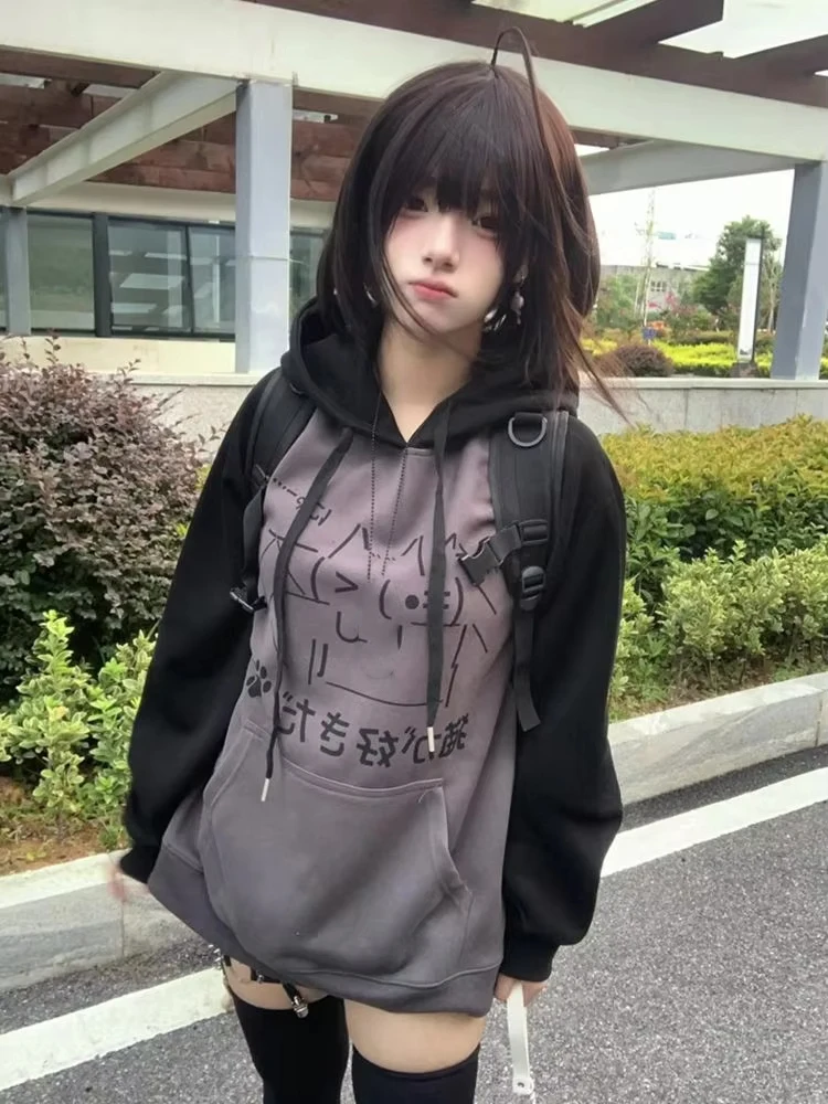 Japanese Kawaii Y2k Aesthetic Patchwork Hoodies Women Vintage Cartoon Print Streetwear Harajuku Loose Pocket Sweatshirt Tops