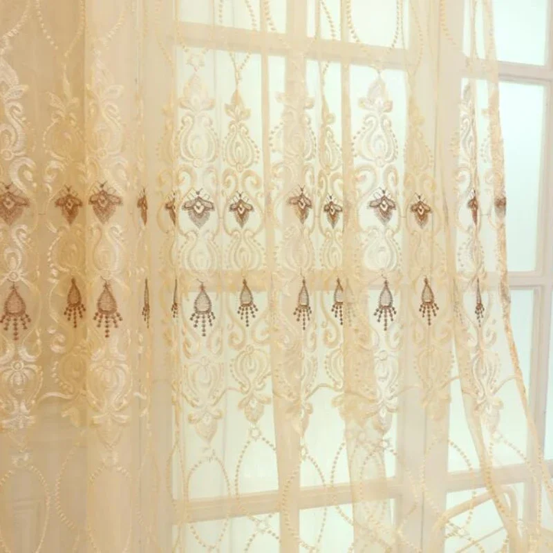 Nordic Beige Eight-character Flower Embroidered Tulle Curtains for Living Room Bedroom Dining Study Hall Classic Retro Decor 커튼