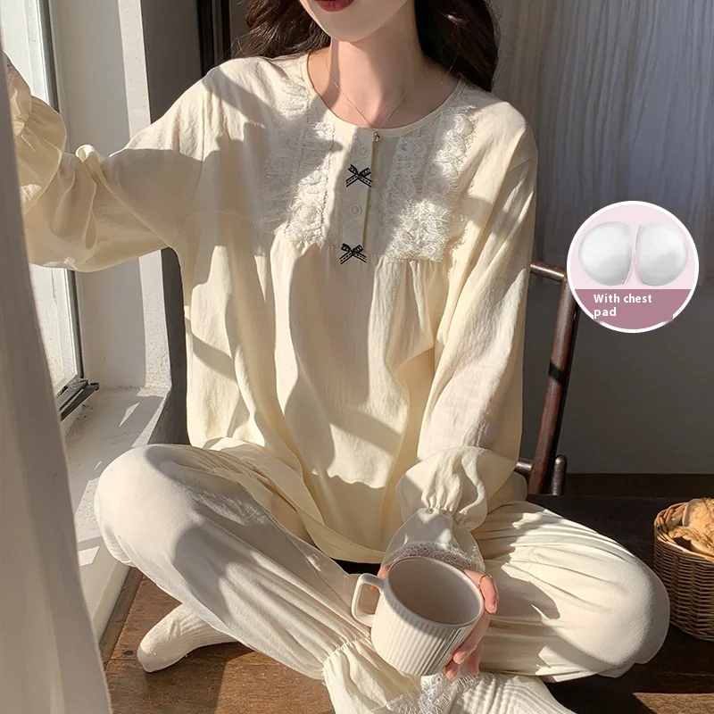 Spring and Autumn Pink Soft Women\'s Long Sleeve Pajamas Homewear Set with Chest Pad Teenage Students Sweet and Cute Homewear